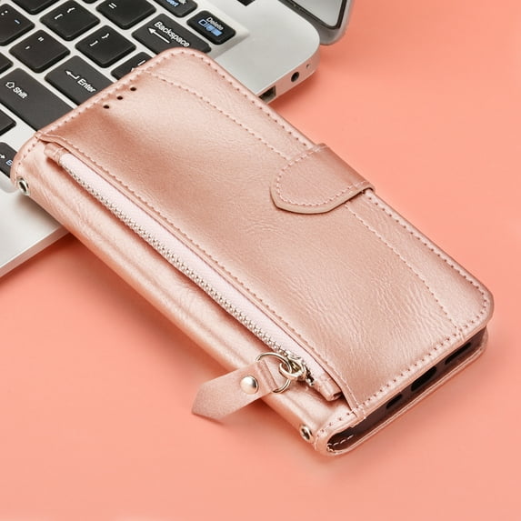 Purse Cover for Google Pixel 7pro, Zipper Design Kickstand Magnetic Folio Cover with Card Slots Wrist Strap Case for Google Pixel 7pro,Rosegold
