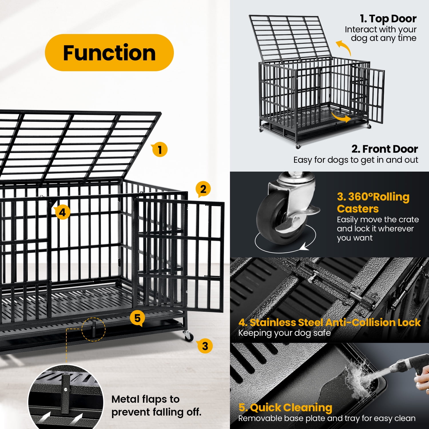 WOKEEN 38 inch Heavy Duty Indestructible Dog Crate,New Upgrade Tray for Large Dogs,XL Dog Crate for High Anxiety Dogs/Sturdy Locks/Double Door with Wheels