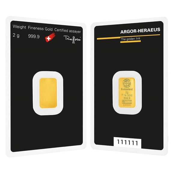 2 Gram Argor Heraeus Gold Bar .9999 Fine (in Assay)