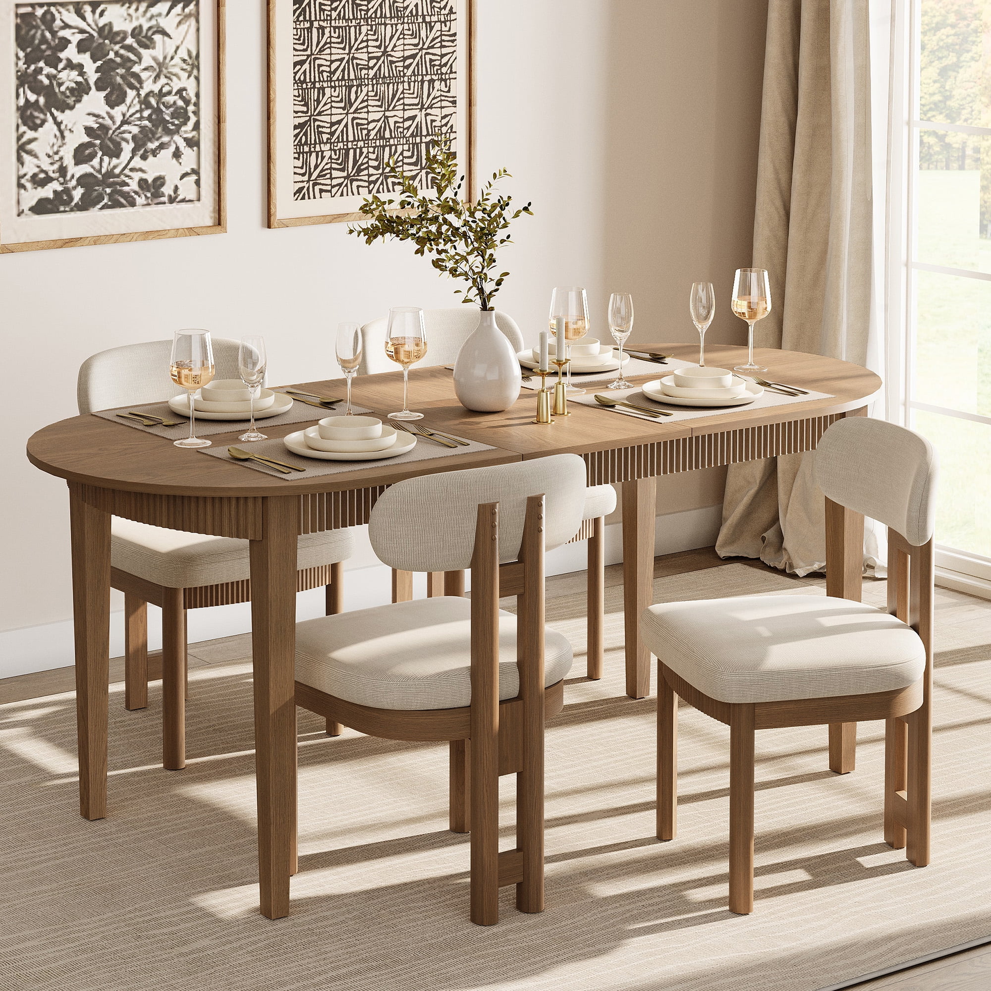 5 Piece Modern Dining Table Set, 73" Solid Wood Oval Dining Table with 4 Polyester Chairs, Dining Set with Fluted Apron for Kitchen & Dining Room