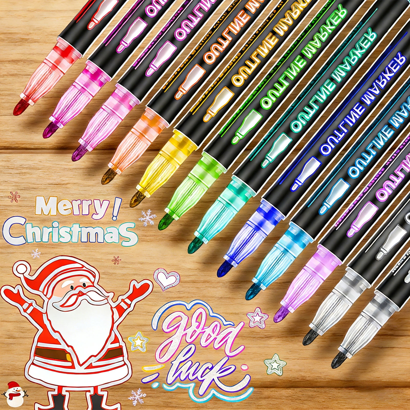 Dreamy Sparkle Dual-Line Contour Pen, Double Line Super Squiggles Glitter & Metallic Markers, 8/12/24 Colors Self-Outline Metallic Markers Glitter Writing Drawing Pens (12gel)