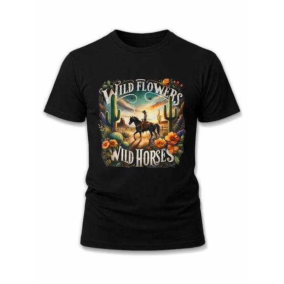 Greenink Wild Flowers & Wild Horses men's round neck T-shirt black summer graphic Spring and summer outdoor wear Retro Unisex Shirt Cotton tshirts