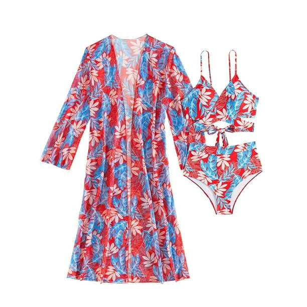 Traje de Baño de Bikini de Mujer Tiras Impresas V Cuello Sexy Dividido Tres Piezas, Traje de Baño de Poliéster para la Piscina, la Playa Y las Vacaciones de Verano
