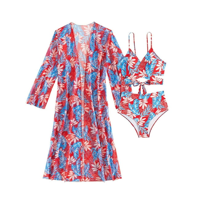 Traje de Baño de Bikini de Mujer Tiras Impresas V Cuello Sexy Dividido Tres Piezas, Traje de Baño de Poliéster para la Piscina, la Playa Y las Vacaciones de Verano