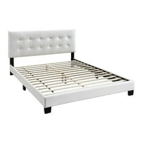 Queen Leatherette Bed with Checkered Tufted Headboard White- Saltoro Sherpi