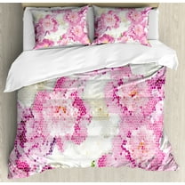 Ambesonne Nature Duvet Cover Sets, Mosaic Peony Flowers Art, 2-Queen, Pink Purple White