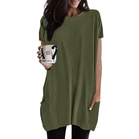 CHUOU Womens Summer Casual Solid Loose Pullover Crewneck Shirts Short Sleeve Tunic Tops Blouse With Pockets