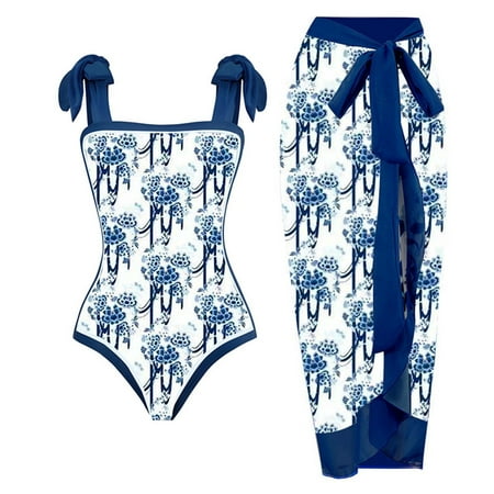 TrendVibe365 Swimsuit Women Two Piece High Waisted Adjustable Strap Bandeau One-Piece Modest Beach Floral Retro Vintage Romper Beachwear with Beach Cover up Wrap Skirt Sarong Sexy Bikinis Tankinis