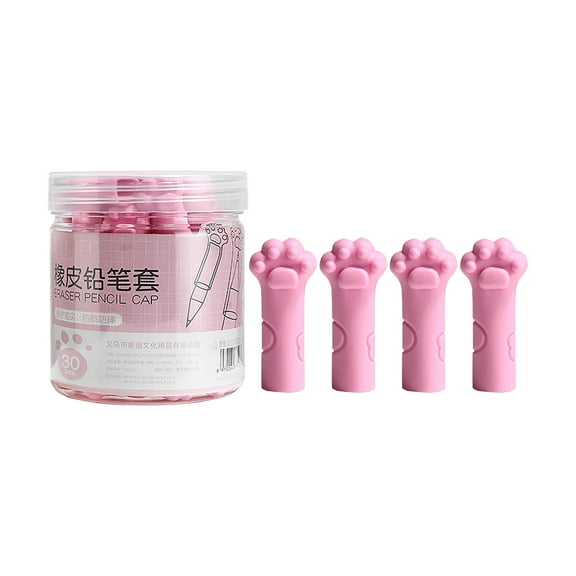 HengDidi Multi-Purpose Cat Paw Pencil Cap Eraser Set with Storage Jar - 30 Pack Soft Silicone Protector and Grip Extender for Writing Tools in Home and Office