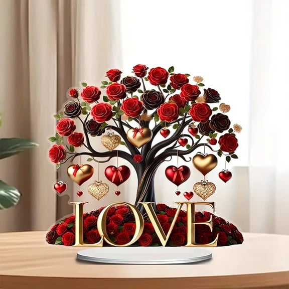 Valentine Decorations Valentine Tree Sign 2D Acrylic Plaque Love Heart Rose Tree Table Decor Romantic Tabletop Centerpiece Signs for Home Decor Gift Dining Room Table Wedding Anniversary Party