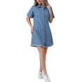 thumbnail image 4 of INSPIRE CHIC Women's Denim Button Front Frayed Hem Collared Short Sleeve Midi Dresses S Light Blue, 4 of 6