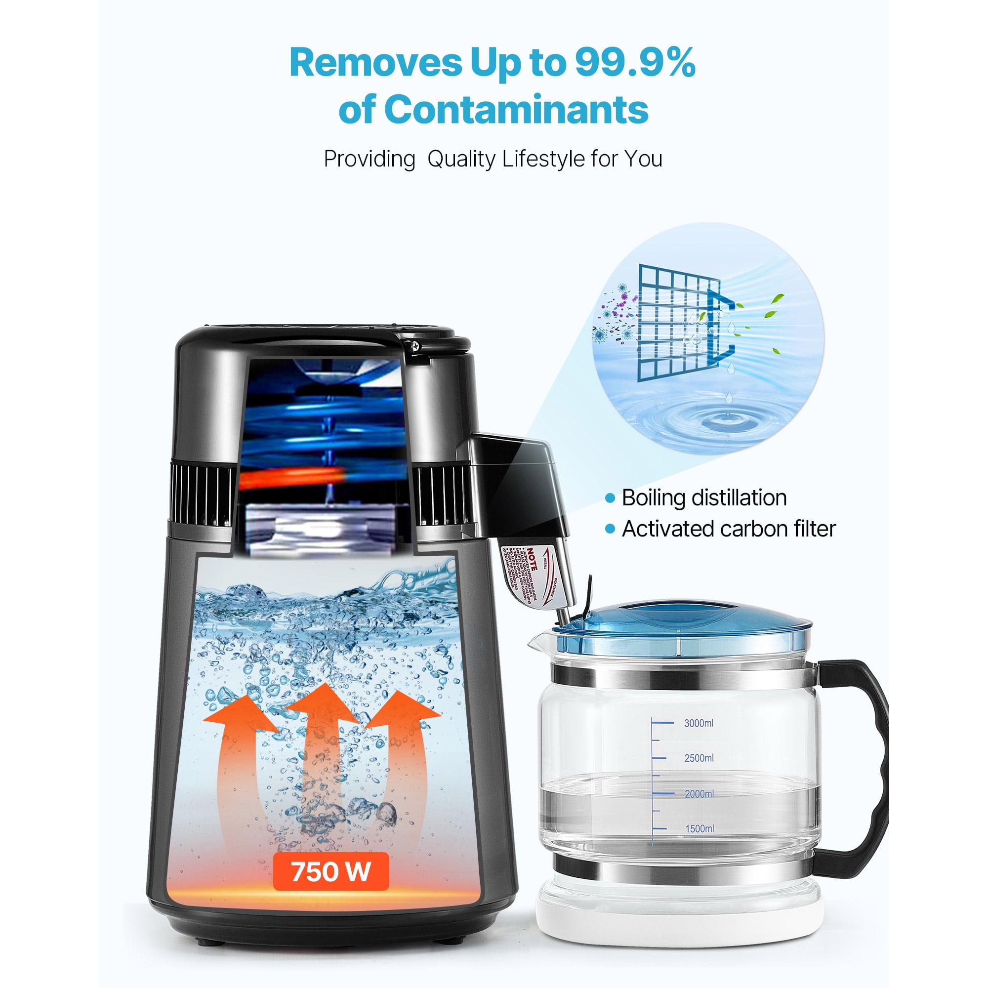 KFFKFF 4L 1.1 Gallon Water Distiller for Home Countertop, 750W Purifier with Glass Container, Stainless Steel Interior for Clean Drinking Water, Grey