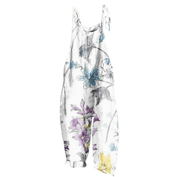 clear 50% off Usmixi Jumpsuits for Women Vintage Cotton Linen Loose Baggy Adjustable Strap Wide Leg Pocket Jumpsuist Overalls Summer Formal Leaves Print Round Neck Sleeveless Long Rompers White m
