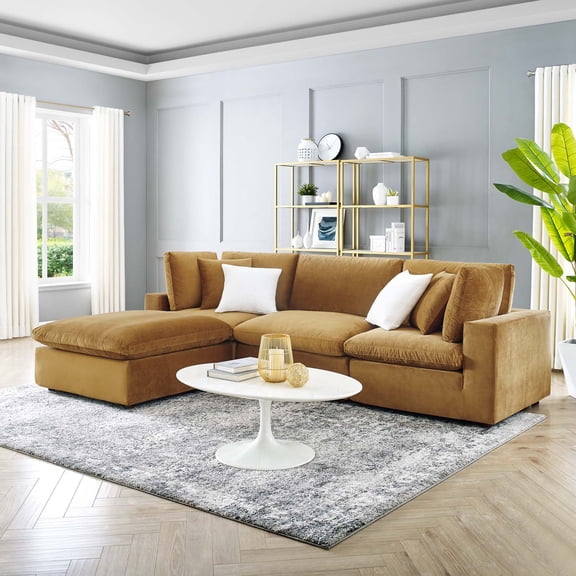 Modway Commix 4-Piece Down Filled Overstuffed Performance Velvet Sectional Sofa in Cognac