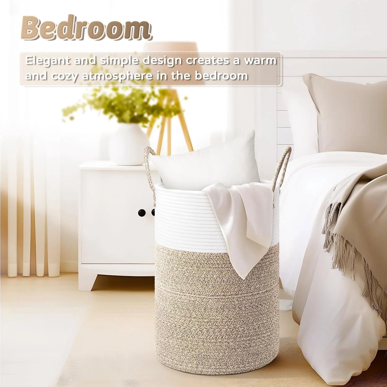 TEAFIRST 60L Laundry Hamper, Woven Cotton Rope Large Capacity Laundry Hamper Handles for Bathroom