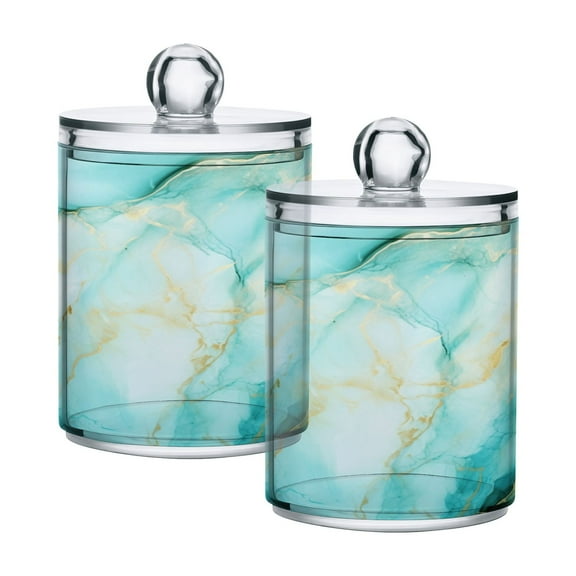 2 Pack Qtip Holder Dispenser Aqua White Marble Clear Plastic Storage Apothecary Jars for Cotton Swabs Balls Pads Floss