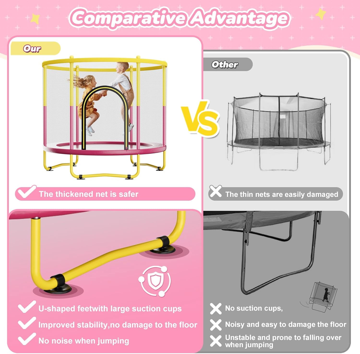 72-Inch Mini Indoor/Outdoor Trampoline For Toddlers, equipped with safety net, basketball hoop, and dartboard. Ideal as a gift for boys, girls, and infants.Pink