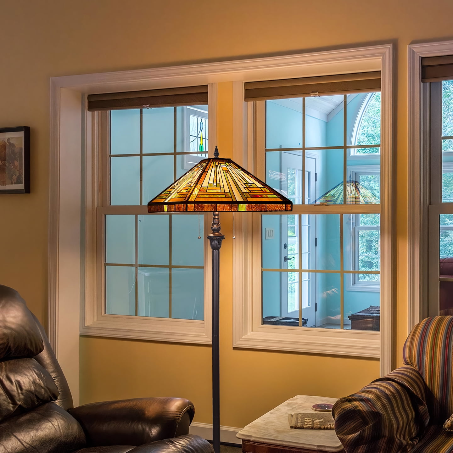 Tiffany Floor Lamp Mission Style Blue Stained Glass Floor Light for Reading Antique 16" Double Light Standing Lamp for Living Room Bedroom Home Office