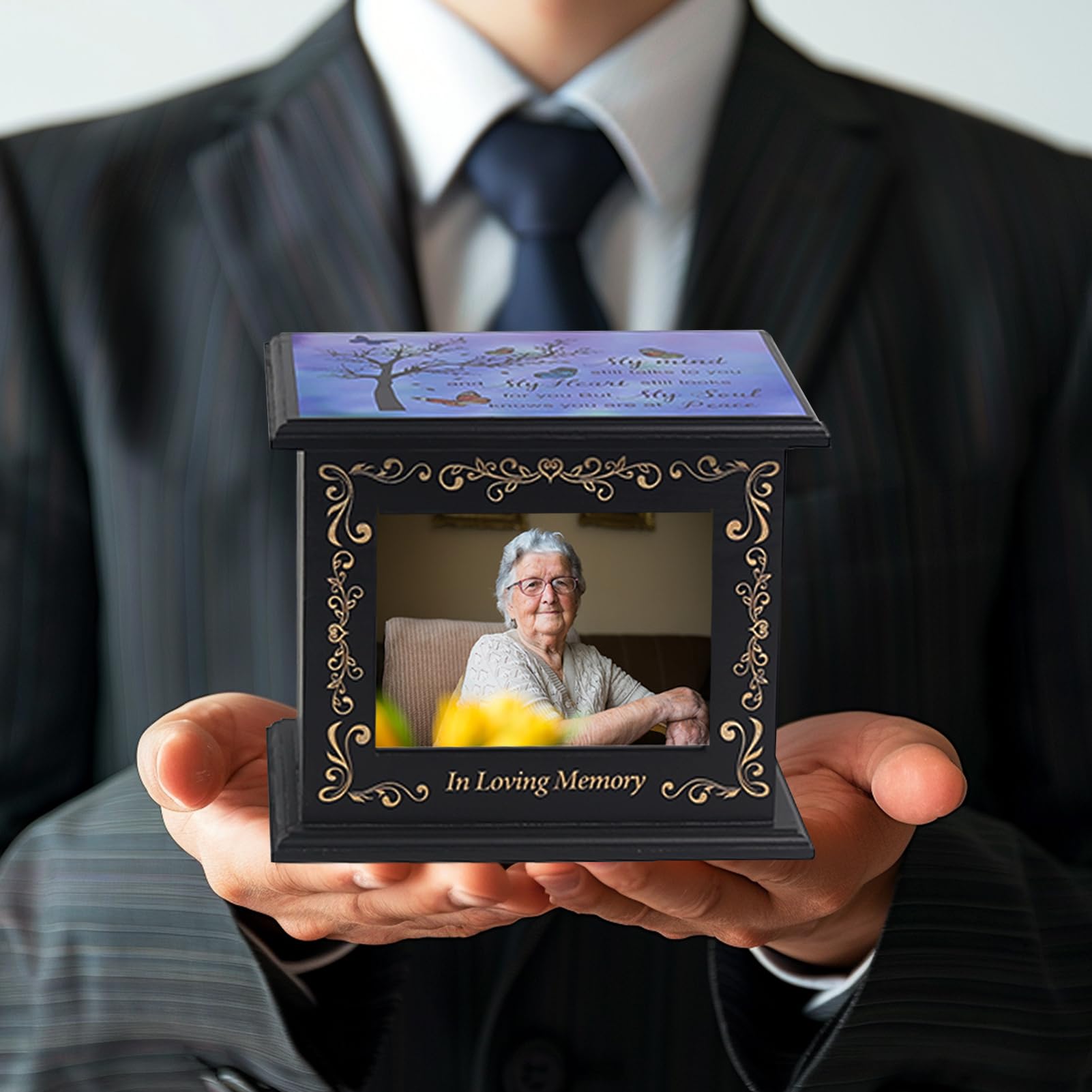 Wooden Urn Box for Ashes Cremation Urns for Human Ashes Adult Male or Female, Memorial Keepsake Urns with Photo Frame, Funeral Casket for Men Women, Burial Urn for Adults Up to 200 IBS-Tree