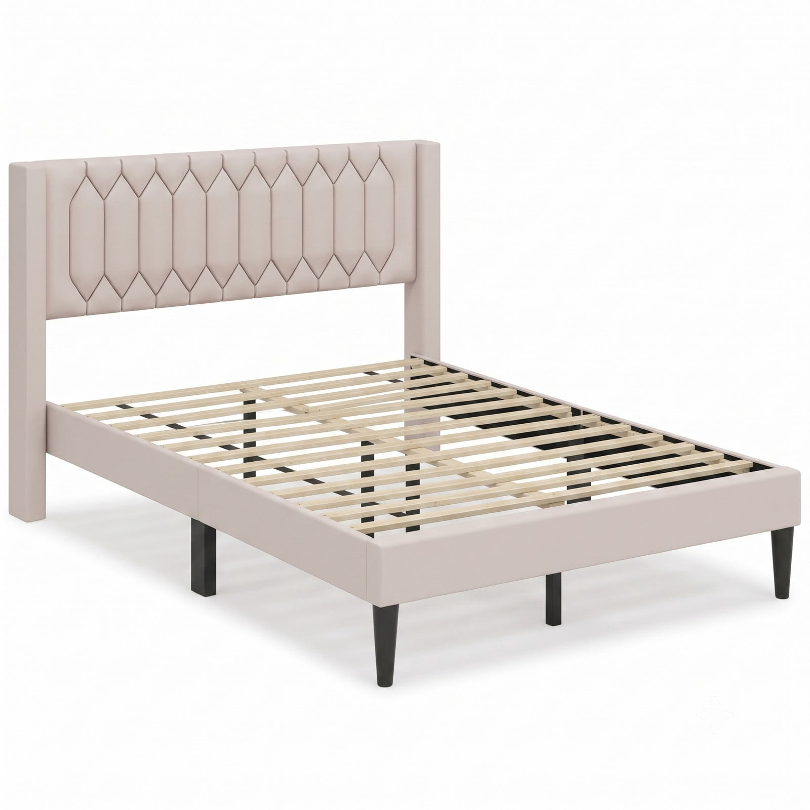 Furnibear Queen Bed Frame Velvet Upholstered Platform Bed with Wingback Headboard and Wood Slat Support, No Box Spring Needed, BeigeBeige