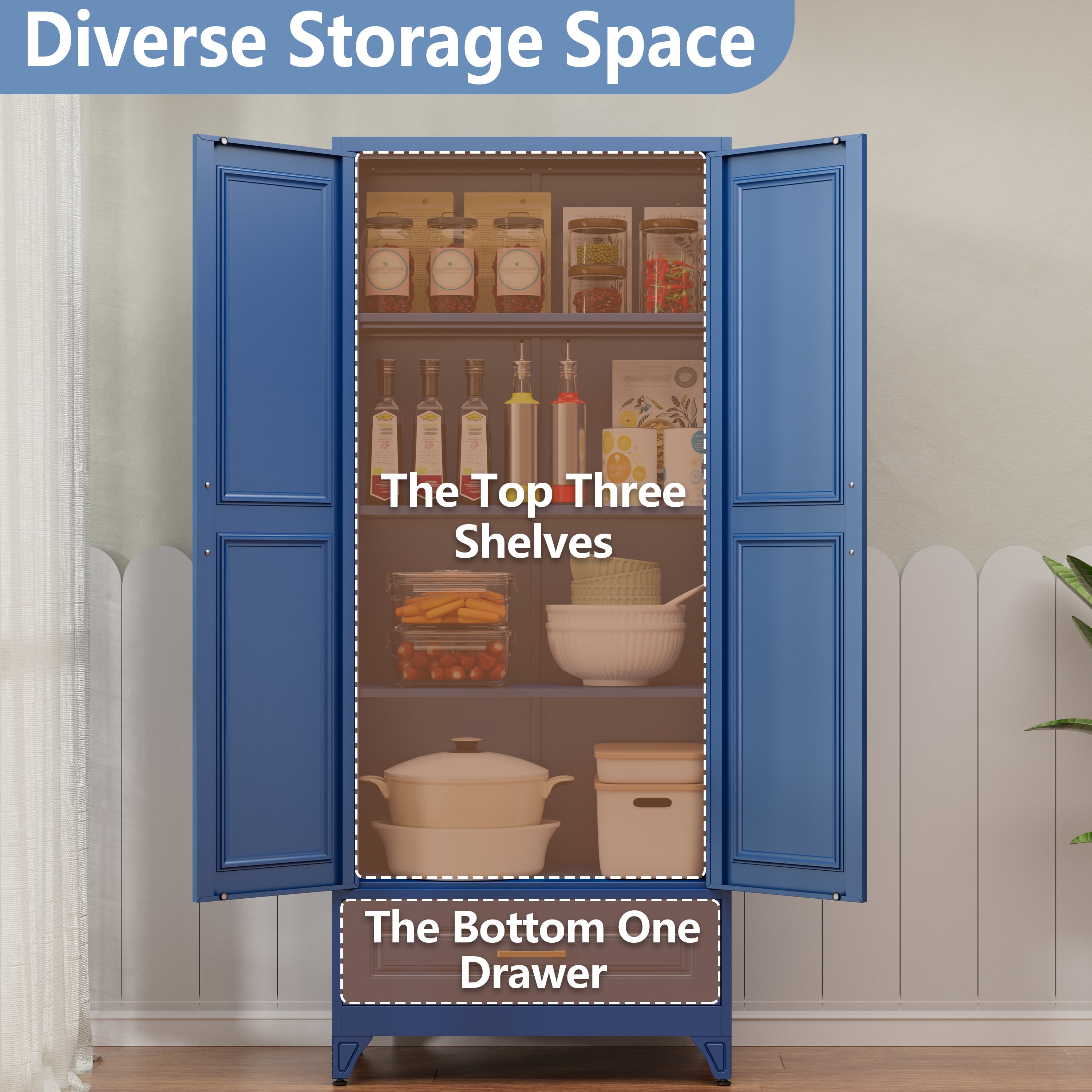 Polup Kitchen Pantry Cabinet, Metal Storage Cabinets, 75"Height Pantry Cabinets with Drawer, Food Cupboard with Doors,Blue