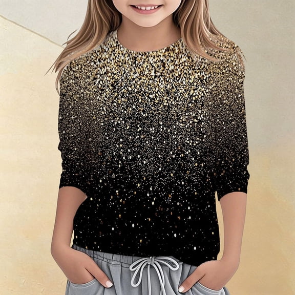 ZHOGXU Kids Teens Girls T Shirts 3/4 Sleeve Crew Neck Sequins Stylish Comfortable Breathable For Everyday Play And School Wear,Gold,3-4 Years