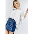 thumbnail image 3 of Cute Floral Mesh Lace Accent Yoke Crochet Detailed Tie-back Bell Sleeve Blouse Top, 3 of 5