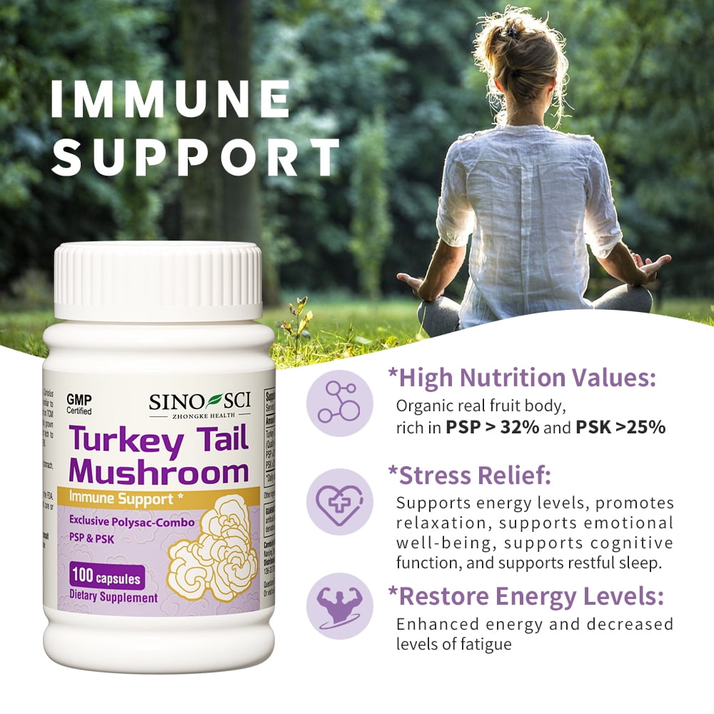 Sino-Sci Turkey Tail Mushroom Organic Supplement, for Immune Support, Sleep Aid & Anti-Anxiety, Brain Booster, Non-GMO Fruit Body,100 Capsules