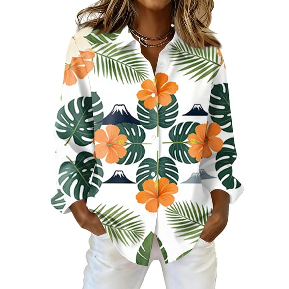 OIOLOYJM Womens Hawaiian Shirt Casual Hawaiian Print Long Sleeve T Shirts Spring Vacation Button Up Loungewear Fashion White 2XL