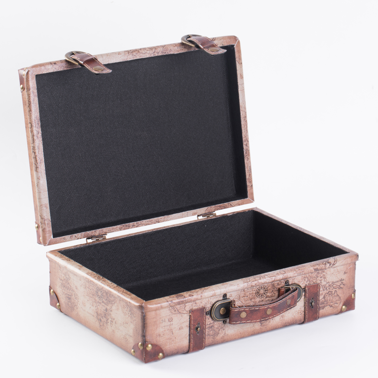 Set of 2 Vintage-Style World Map Leather Suitcase Trunks with Straps and Handle - image 4 of 6