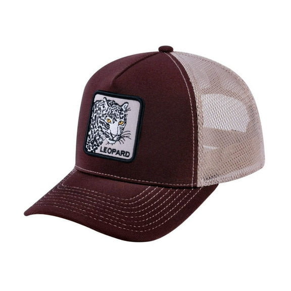 Unisex V2 Embroidered The Leopard, 5-Panel Trucker Hat, Dark Brown/Khaki, Adjustable Fit