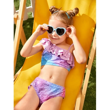 

Toddler Girls Fish Scales Print Asymmetrical Neck Ruffle Trim Bikini Swimsuit Swimwear S221904X Multicolor 4Y(41IN)