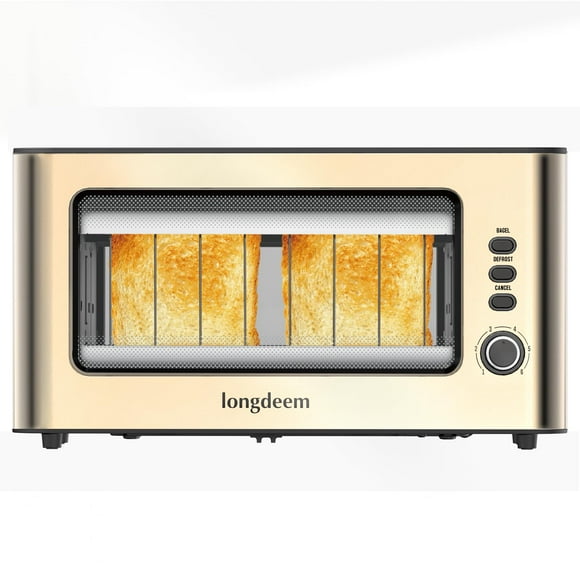 Clear View Toaster, LONGDEEM 1.75'' Extra Long Slot Glass Toasters Stainless Steel 2 Slice with 6 Browning Control for Bagel, Defrost & Auto Shut Off with Removable Crumb Tray, Gold