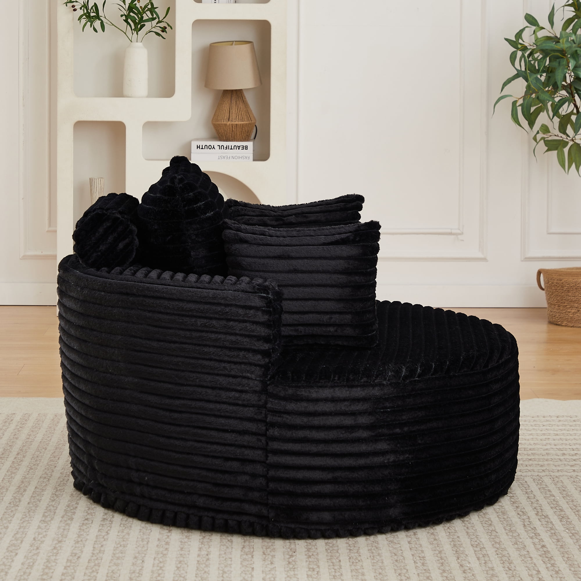 Leumius Oversized Round Chair Lounge Chaise Indoor,50" Upholstered Corduroy Deep Seat Single Cloud Sofa Chair, Fluffy Modern Large Circle Boneless Sleeper Sofa for Living Room, Bedroom,Black