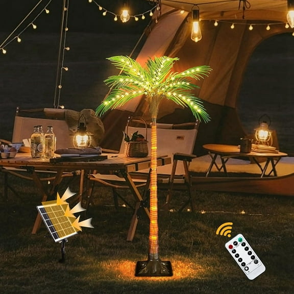 Solar Palm Tree Lights for Patio Outdoor Decoration,4.6FT Artificial Palm Tree with 110 LED Lights for Pool Bar