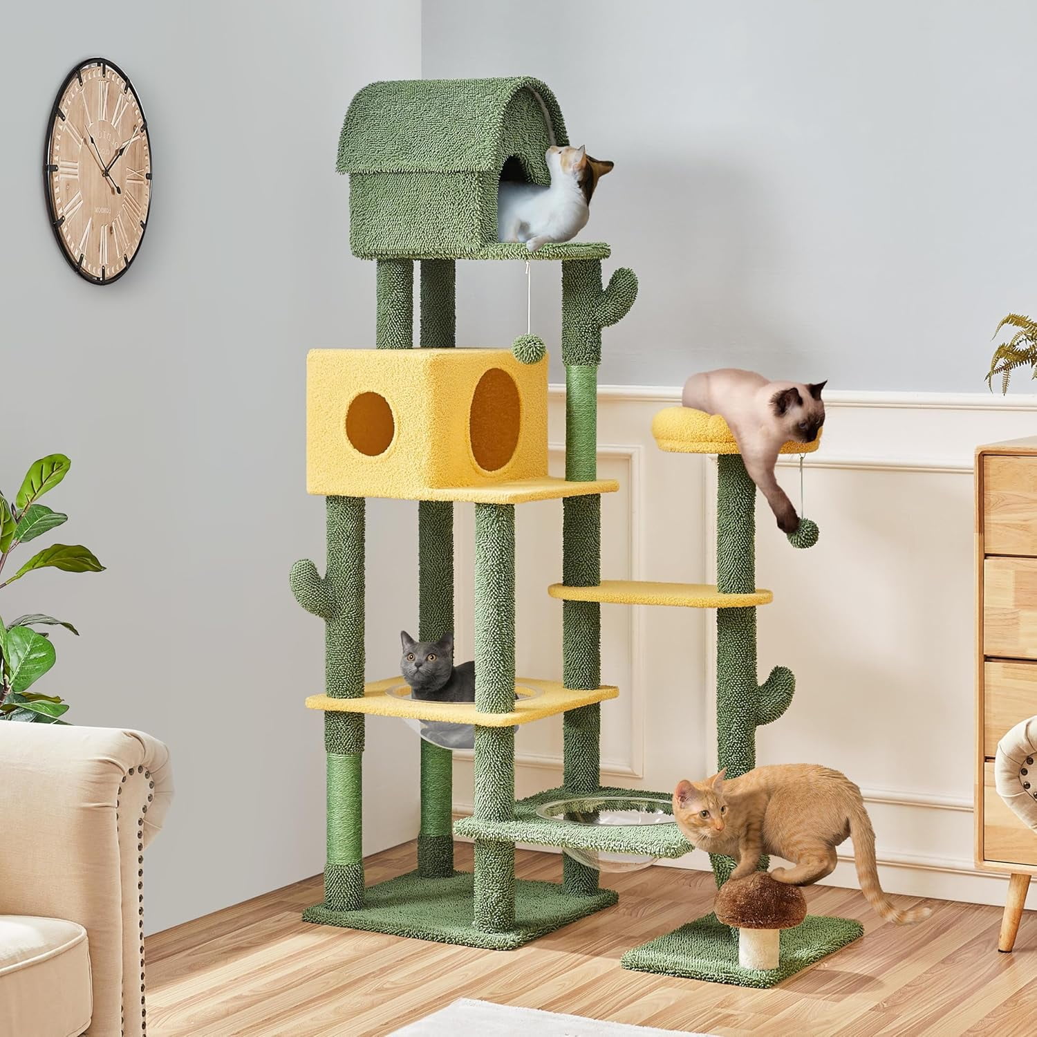 WSWJY 68.5in Tall Cactus Cat Tree, Multi-Level Tower with 2 Large Condos, Scratching Posts, 2 Acrylic Clear Bowls, Mushroom Perch & Dangling Balls