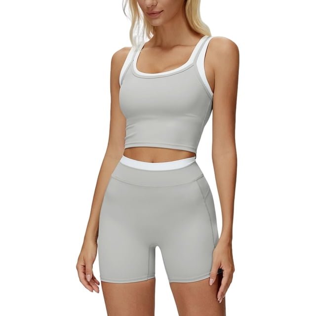 PISONIC Women Two Piece Workout Sets Color Block Backless Tank Top and High Waist Booty Lifting Shorts Gym Yoga Active Outfits