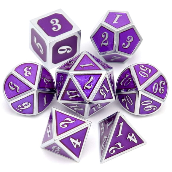 Haxtec Metal Dnd Dados Púrpura Plata con Bolsa de Dados de Cuero Pu Juego de Dados D&D para Regalos de Dragones y Mazmorras de RPG Ttrpgs-Plata Púrpura Real
