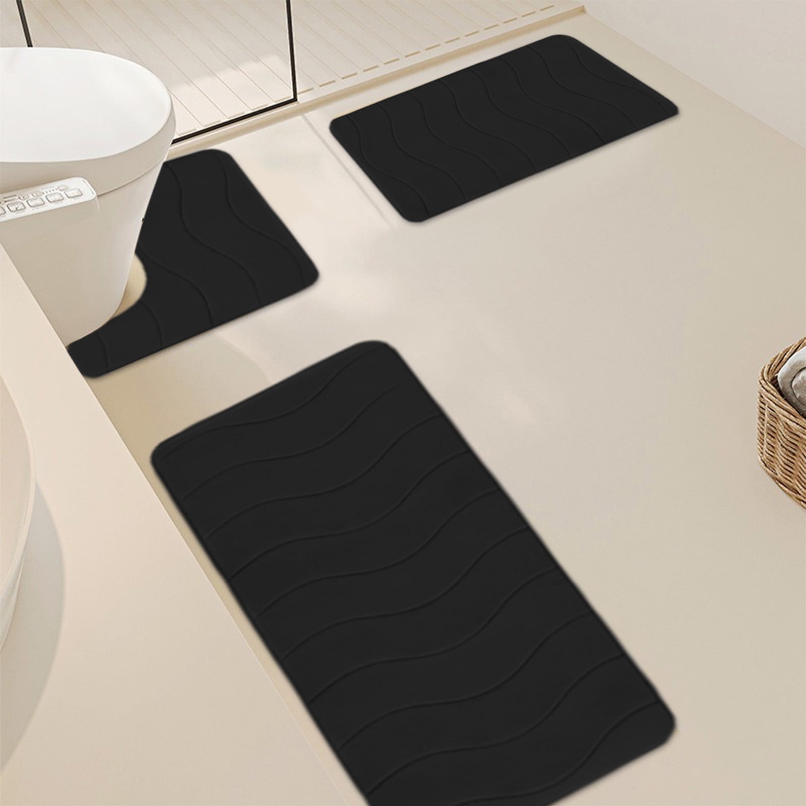 Beautynvta Memory Foam Bath Mat Set, 3 Pieces Quick-Dry Absorbent Bath Mats and U-Shaped Contour Rug for Bathroom, Non-Slip and Soft Comfortable, Black