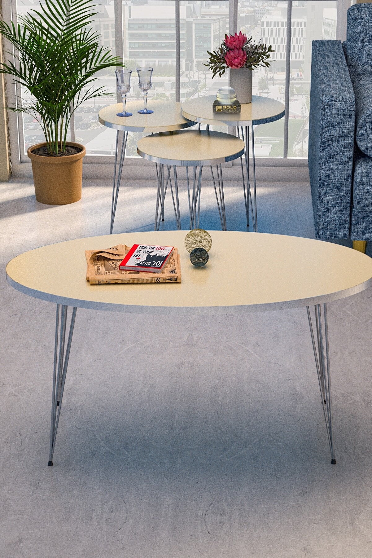 Cream White Oval Coffee Table Set with 4 PCS,Set With 3 Modern Round ...