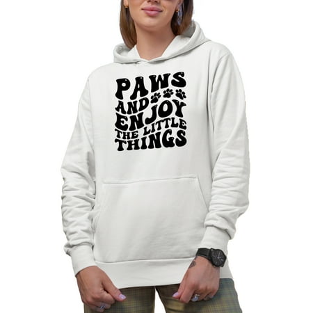 Paws and Enjoy the Little Things Pet Pun Quote Groovy Retro Wavy Text Merch Gift White Hooded Sweatshirt or Hoodie Large