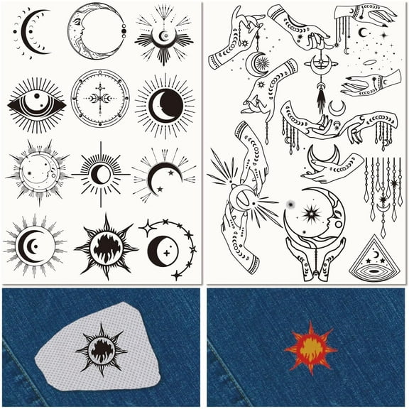 51Pcs Moon Phase Water Soluble Embroidery Stabilizers Sun Star Hand Sewing Stick and Stitch A4 Transfers Fabric Wash Away Pre-Printed Self Adhesive for Cloth Sewing Lovers Colorful DIY