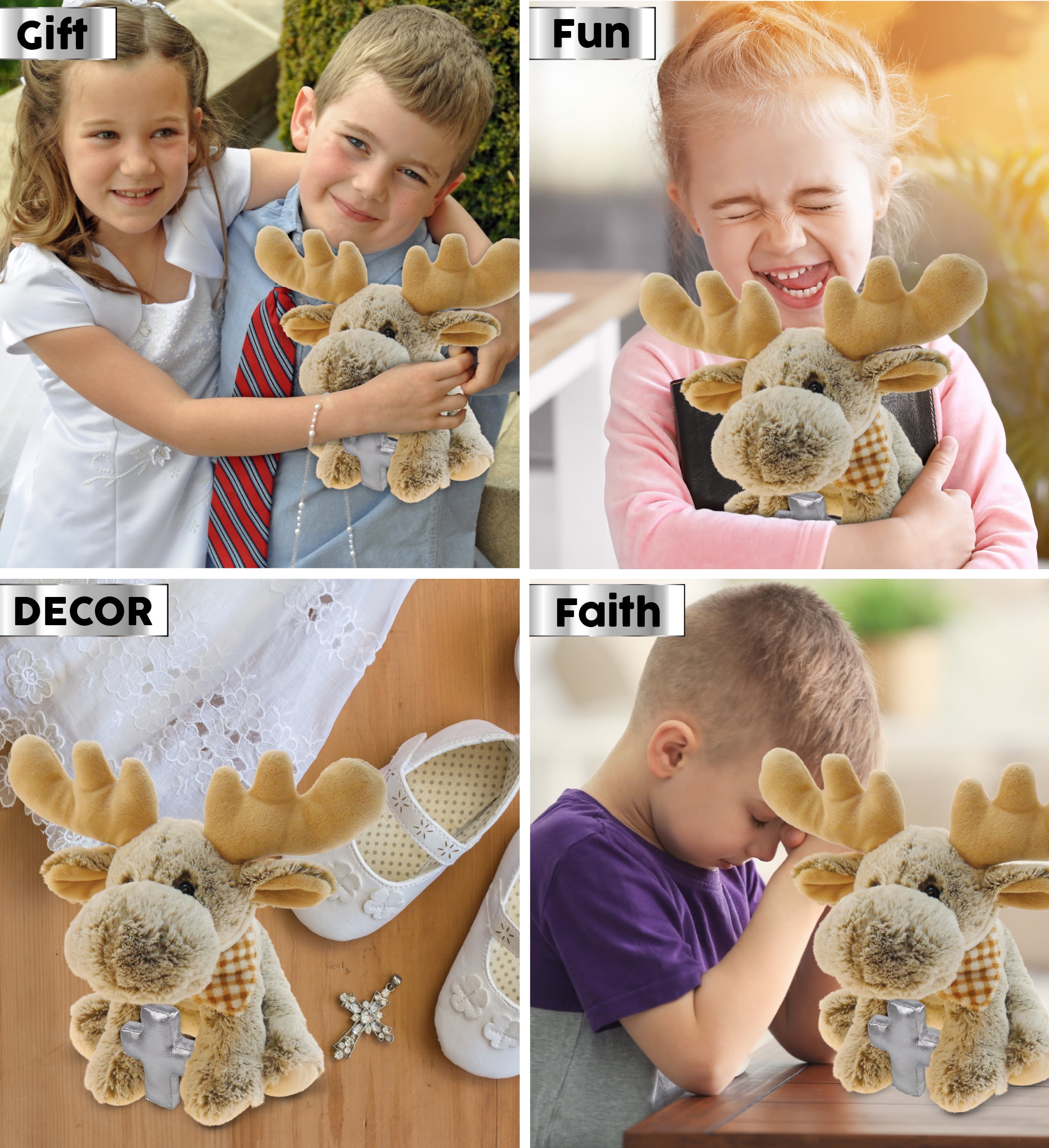 DolliBu Floppy Moose Stuffed Animal with Silver Cross Plush - Religious Baby Baptism Gifts for Boys and Girls, Dedication Christening Gifts Plush Prayer Toy, Healing Stuffed Animal Toy - 12 Inches