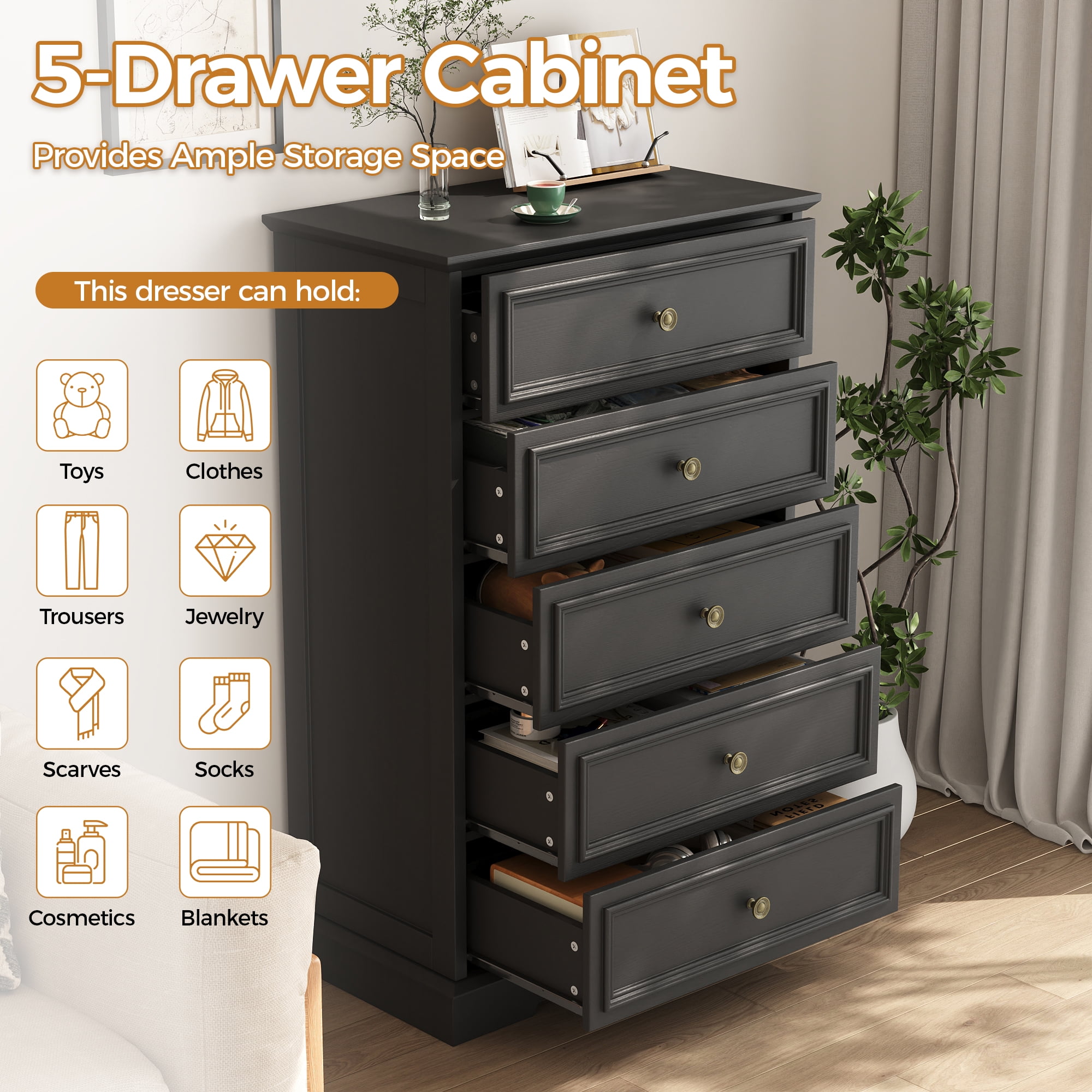 5 Drawer Dresser, Wood Chest of Drawers for Bedroom, Vintage Storage Cabinet Dresser Organizer Unit with Antique Bronze Round Handles for Living Room, Closet, Hallway, Entryway