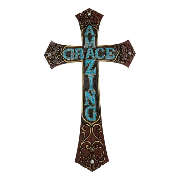 18"H Rustic Western Faux Wooden Amazing Grace Scrollwork Decorative Wall Cross