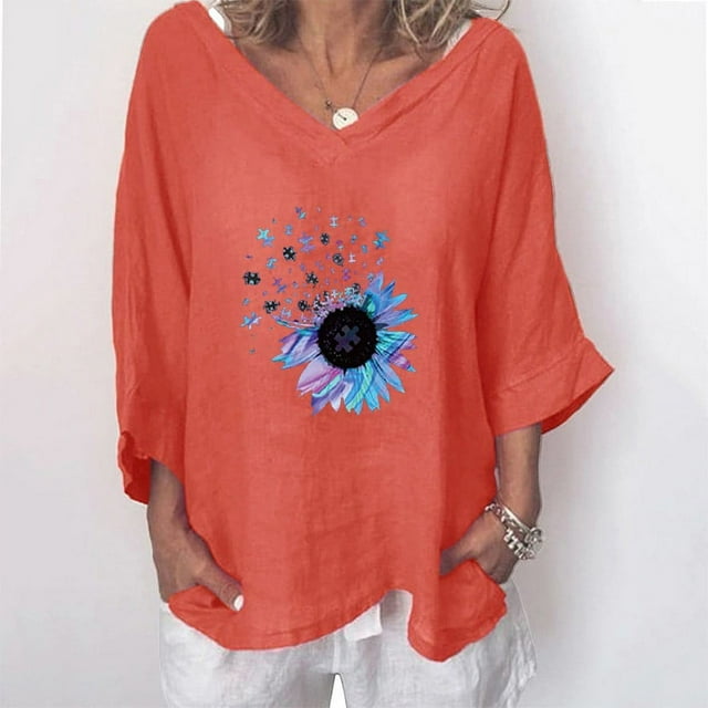 Hauts pour Femmes à Manches 3/4 Mode Féminine T-shirt Imprimé Tournesol Coton Chanvre Blouse à Manches 3/4 Col Rond Hauts Décontractés Blouses d'Été en Liquidation