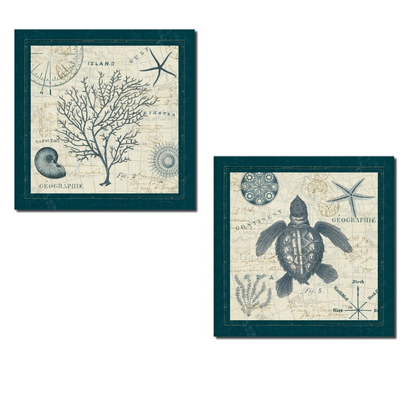 Nautical Turtle Coral Compass and Starfish Set by Pela; 2-12x12" Paper Posters