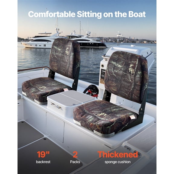Boat Seat,Low Backrest,Folding Fishing Boat Seat with Thickened Sponge Cushion&PU Polyester Fabric,Strong PP Frame,Flip Up Boat Seat for Boats,Yachts,Ships,Camouflage Color (2 Seats)