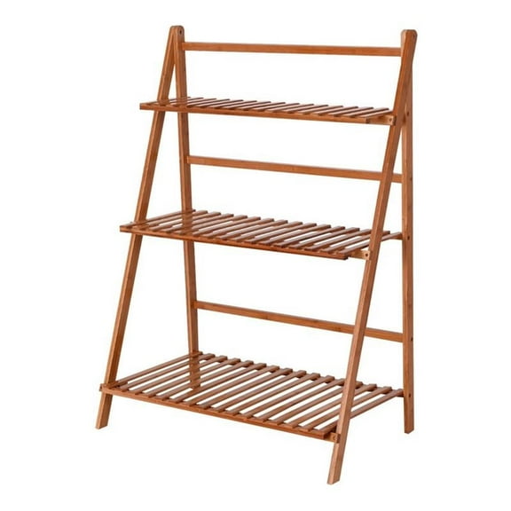 Pemberly Row 3-tier Contemporary Bamboo Folding Flower Pot Shelf in Light Brown