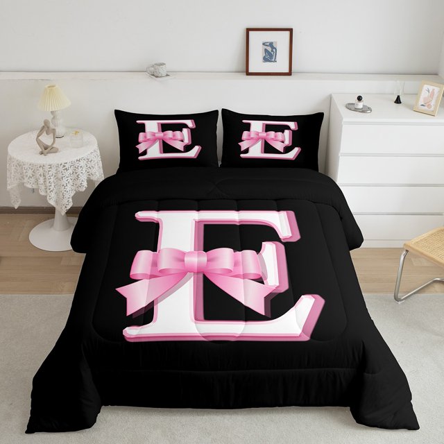 Erosebridal Initial E Letter Bedding Sets with Comforter, Princess Bow Duvet Insert, Monogrammed Reversible Down Comforter, Microfiber Room Decor, 2 Pieces